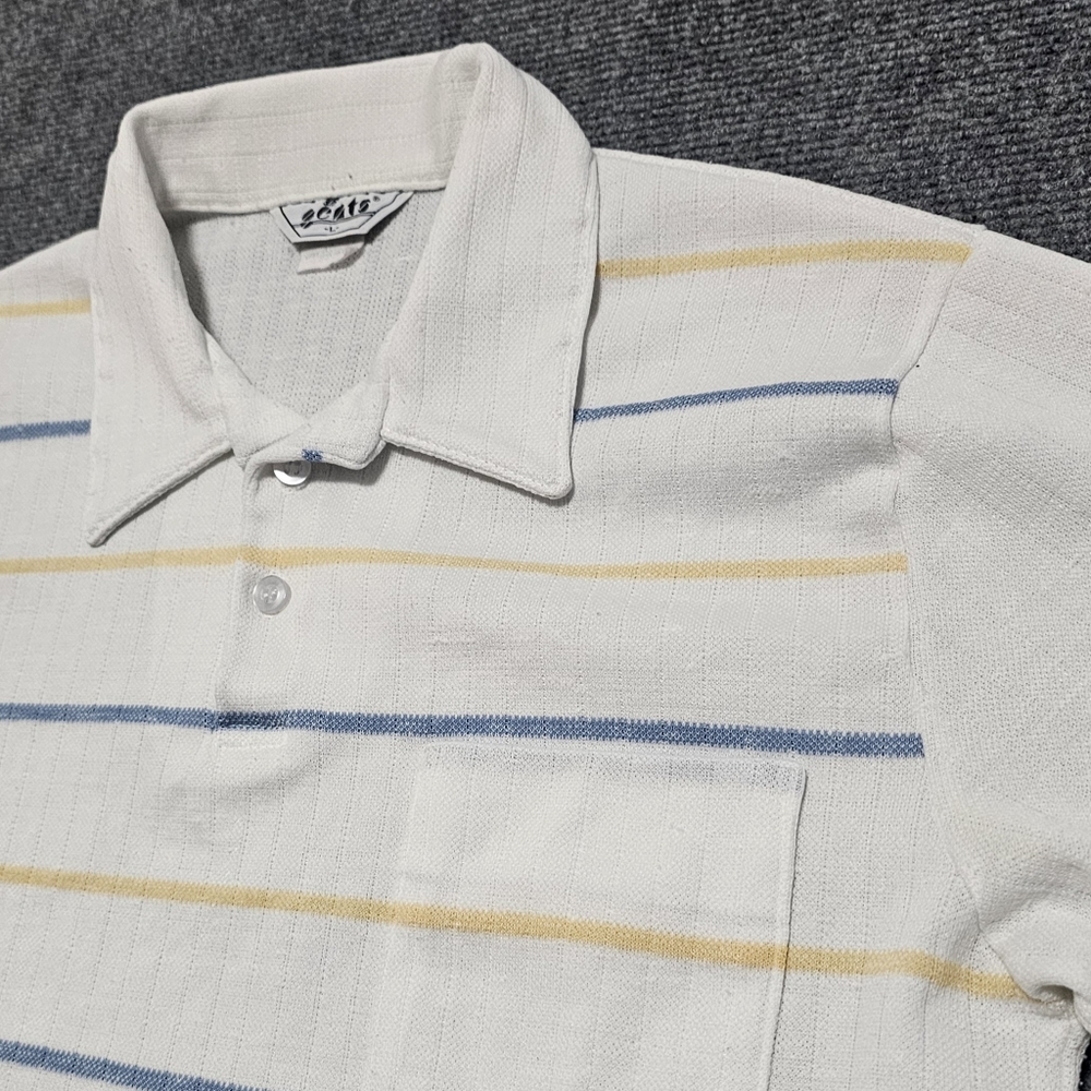 Vintage 70s Gents Soft Loose Knit Tennis Stripe Polo Shirt Mens L USA Made RARE